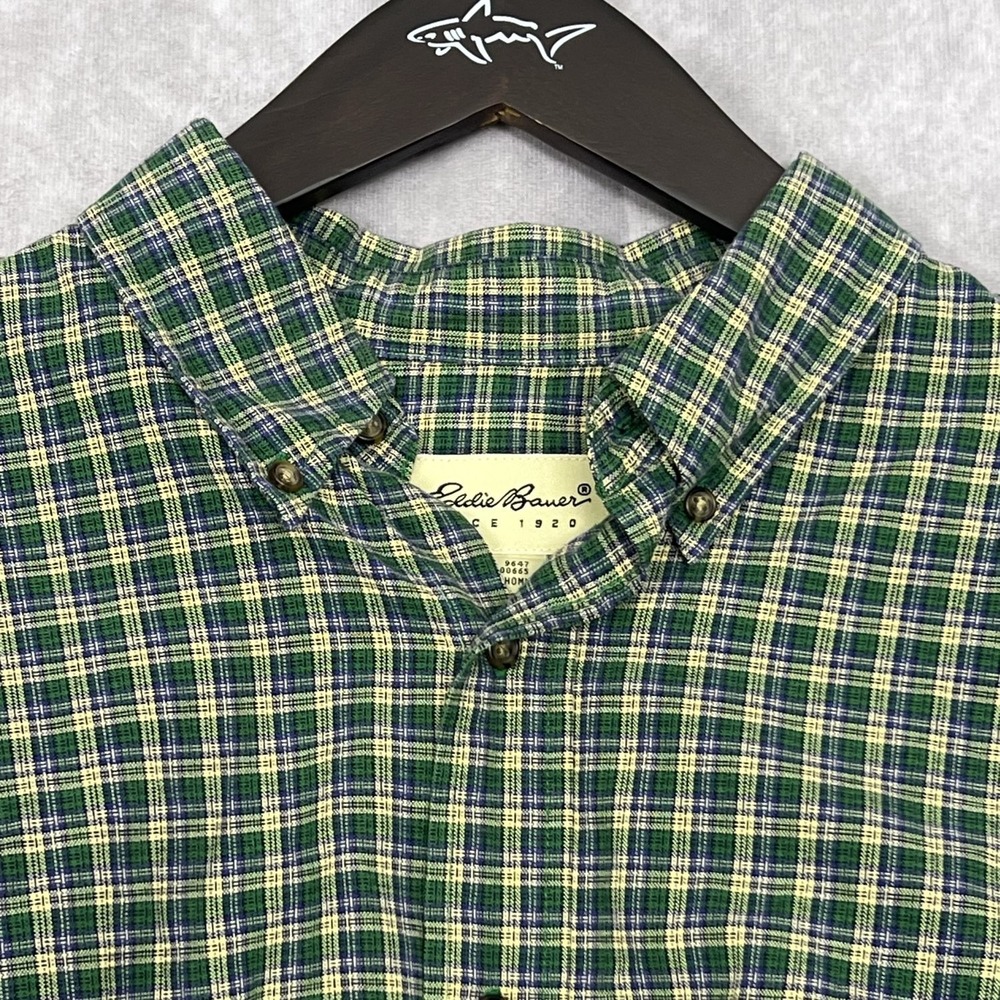 Eddie‎ Bauer Men's Large Green Blue Plaid Cotton Button Up Shirt Long Sleeve